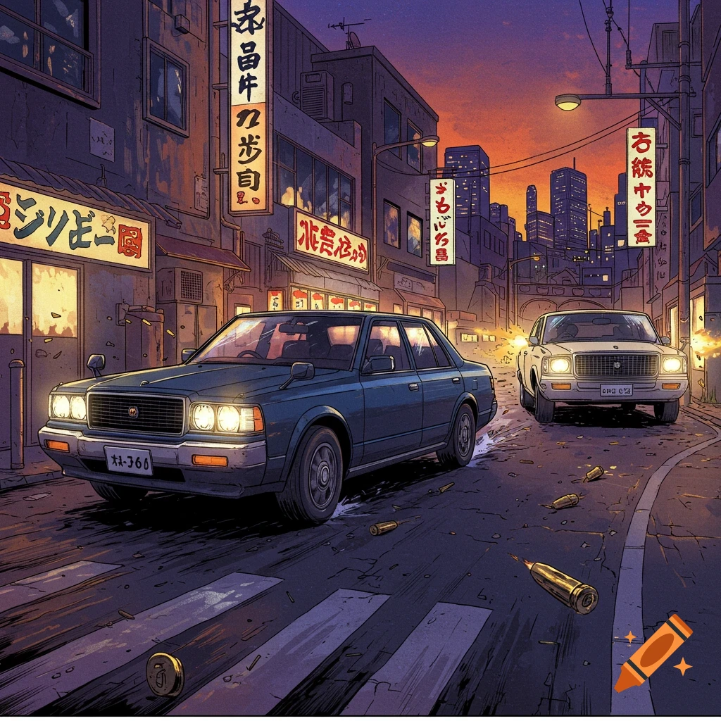 Manga-style illustration of a dark blue Nissan President car chasing a cream Toyota Century through a Tokyo street at dusk with bullets flying.