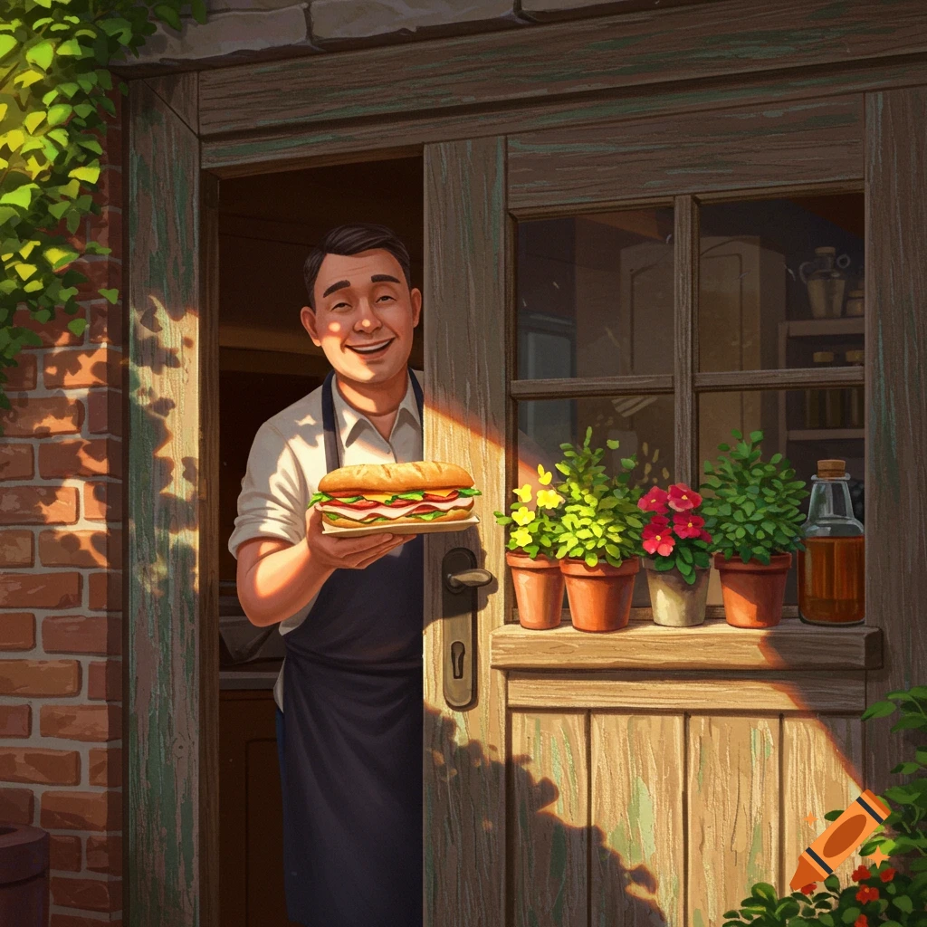 A man in an apron stands in a rustic doorway, holding out a large sandwich. Warm sunlight illuminates the scene.