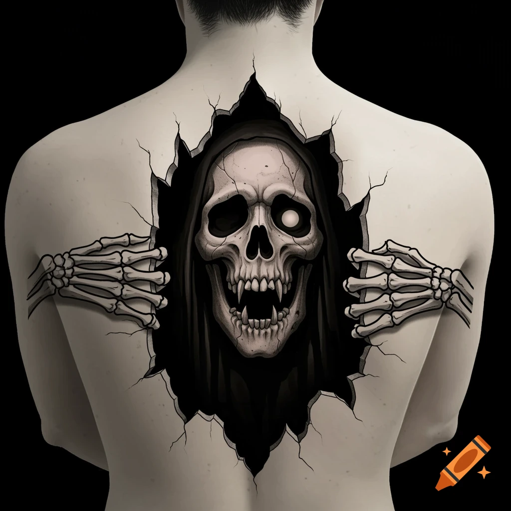 A stylized tattoo on a human back showing a grim reaper skull and skeletal hands breaking through a jagged hole.