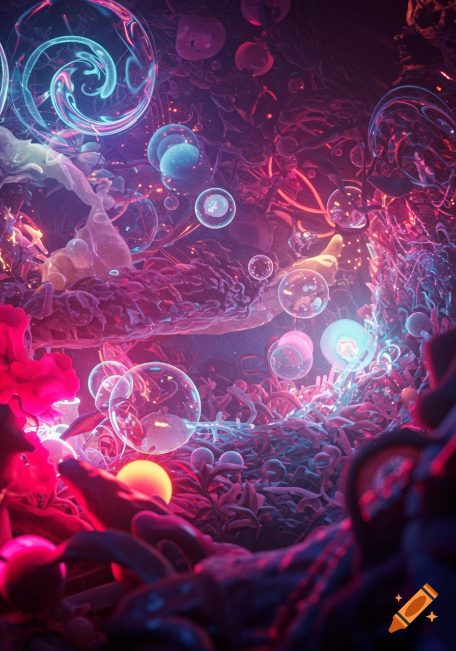 Vibrant abstract microscopic scene with glowing pink, purple, and blue organic shapes and clear bubbles.
