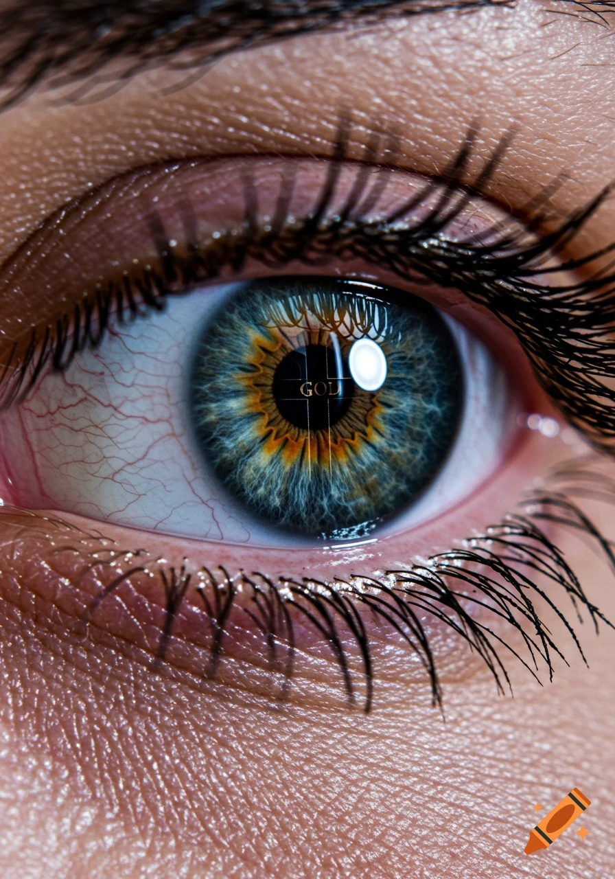Extreme close-up of a human eye with a blue and orange iris, reflecting the word 'GOD' and a cross in its pupil.