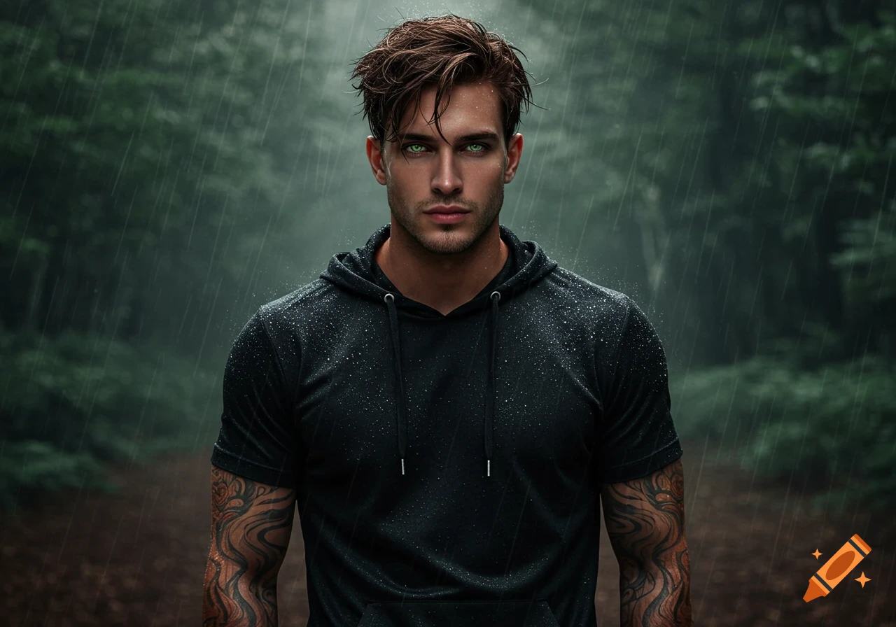 Photorealistic portrait of a man with brown hair and glowing green eyes, wearing a black hoodie and tattoos, standing in the rain in a forest.