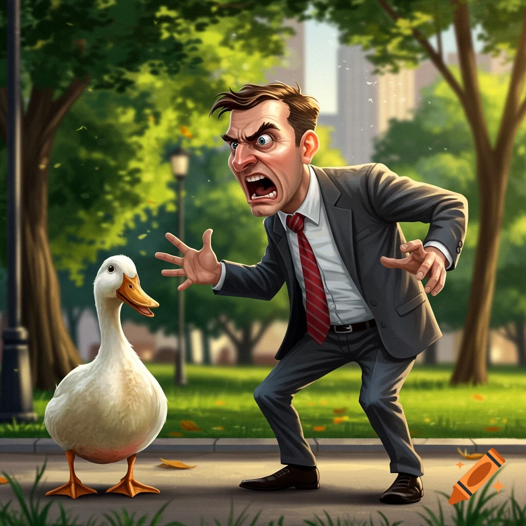A cartoon man in a suit yells angrily with wide eyes and open mouth at a calm duck in a park.