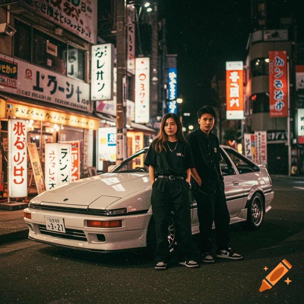 A young couple poses in black outfits in front of a white Toyota Supra on a Tokyo street at night, surrounded by bright Japanese neon signs.