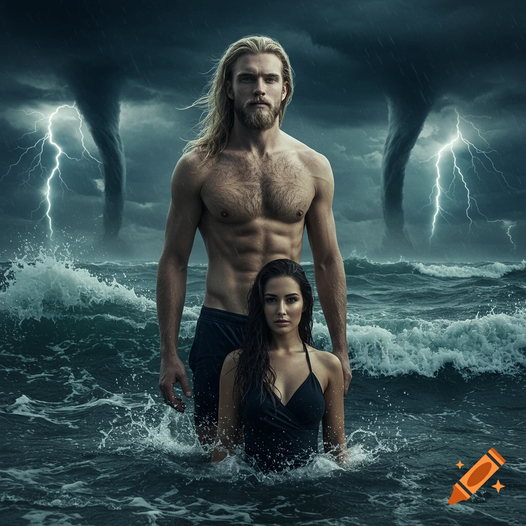 A muscular man with long blond hair and a woman in a black swimsuit stand in a stormy ocean with lightning and waterspouts.