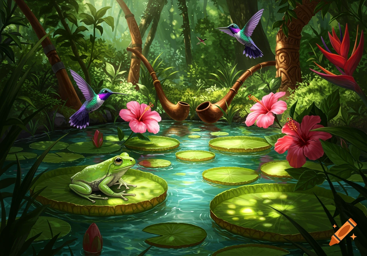 A colorful, lush illustration of a jungle pond with a frog on a lily pad, hummingbirds, hibiscus flowers, and stylized pipes in the background.