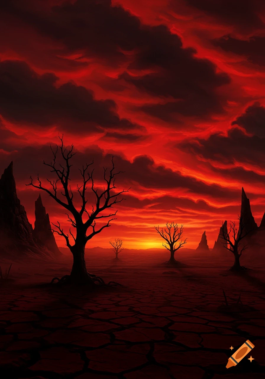A desolate landscape under a fiery red sky, with silhouetted bare trees and cracked earth.