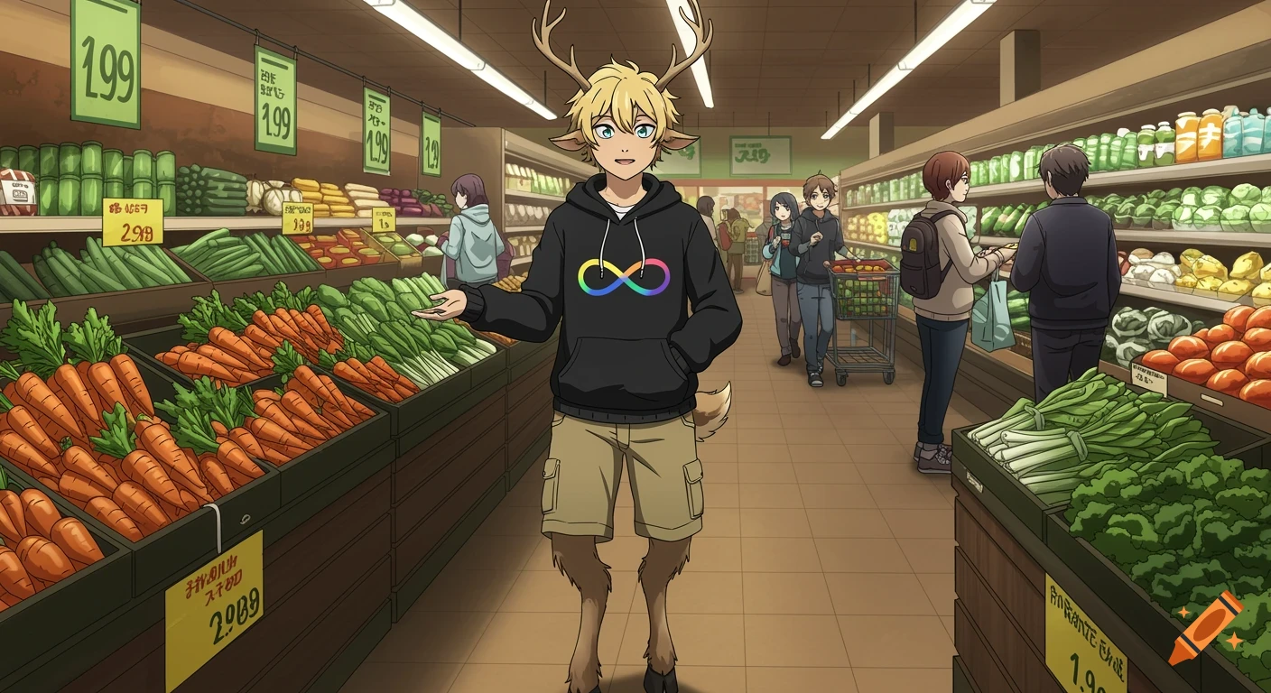 An anime-style blond satyr with antlers and hooves, wearing a black hoodie with a rainbow infinity symbol, stands in a grocery store produce aisle.