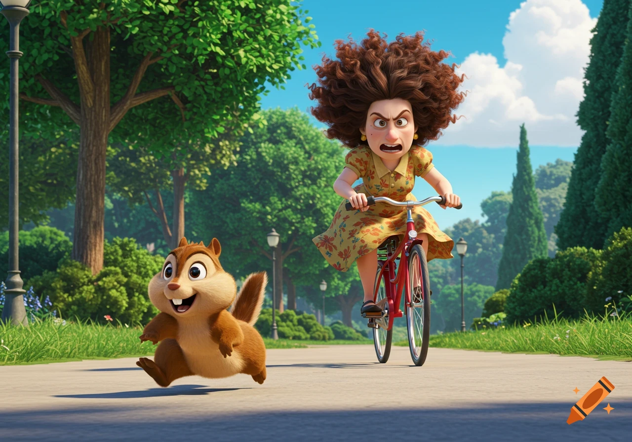 A cartoon chipmunk with big cheeks runs away from an angry woman with wild curly hair riding a red bicycle on a park path.