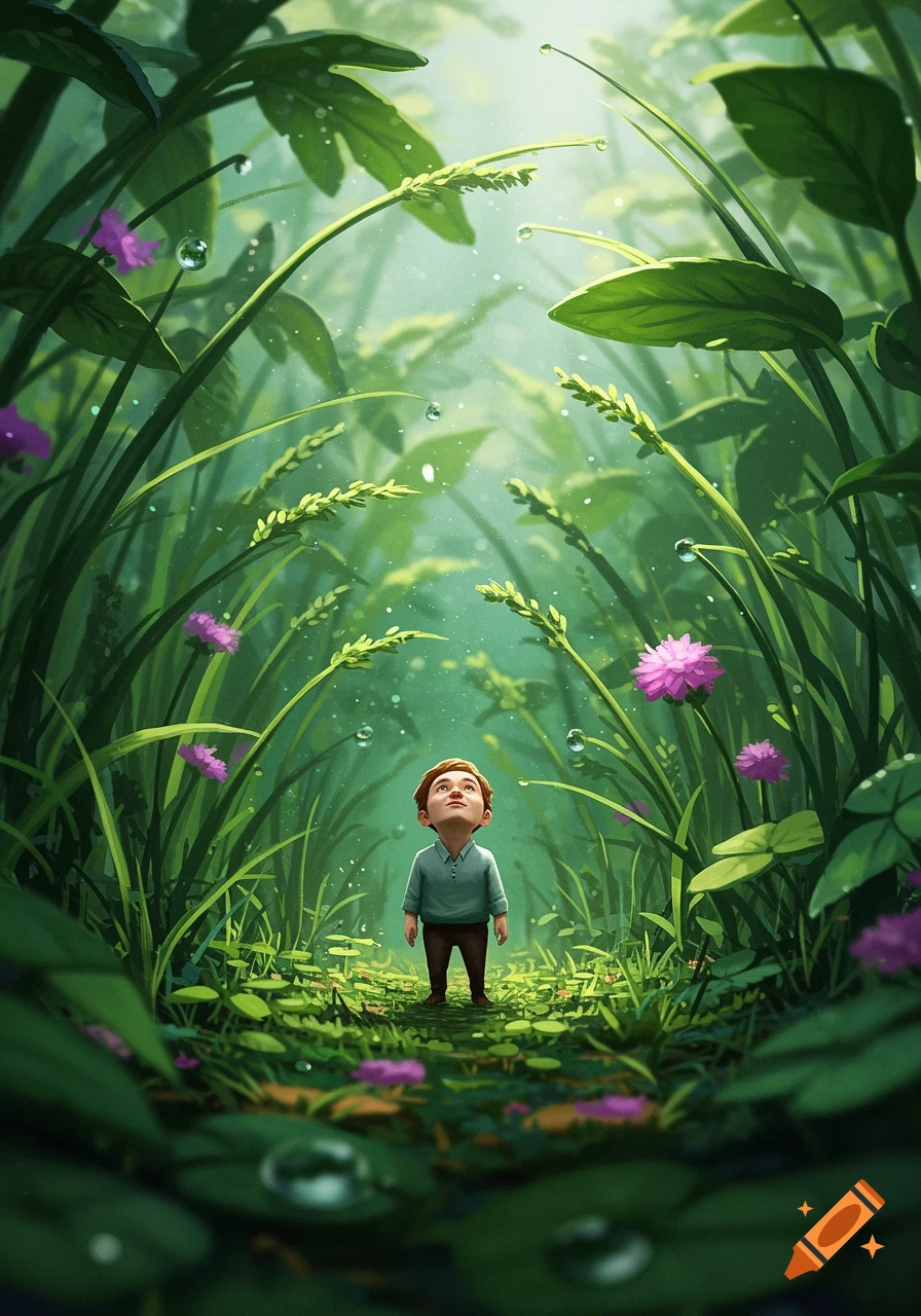 A tiny boy stands in a lush, oversized green forest with large leaves, tall grass, and purple flowers, looking up at sparkling water droplets.