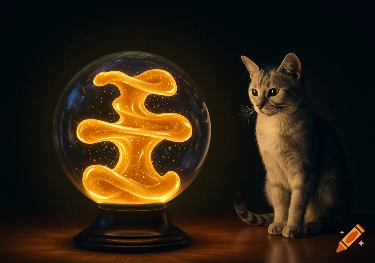 A gray tabby cat stares intently at a glowing orange plasma globe on a dark wooden surface in a dark room.