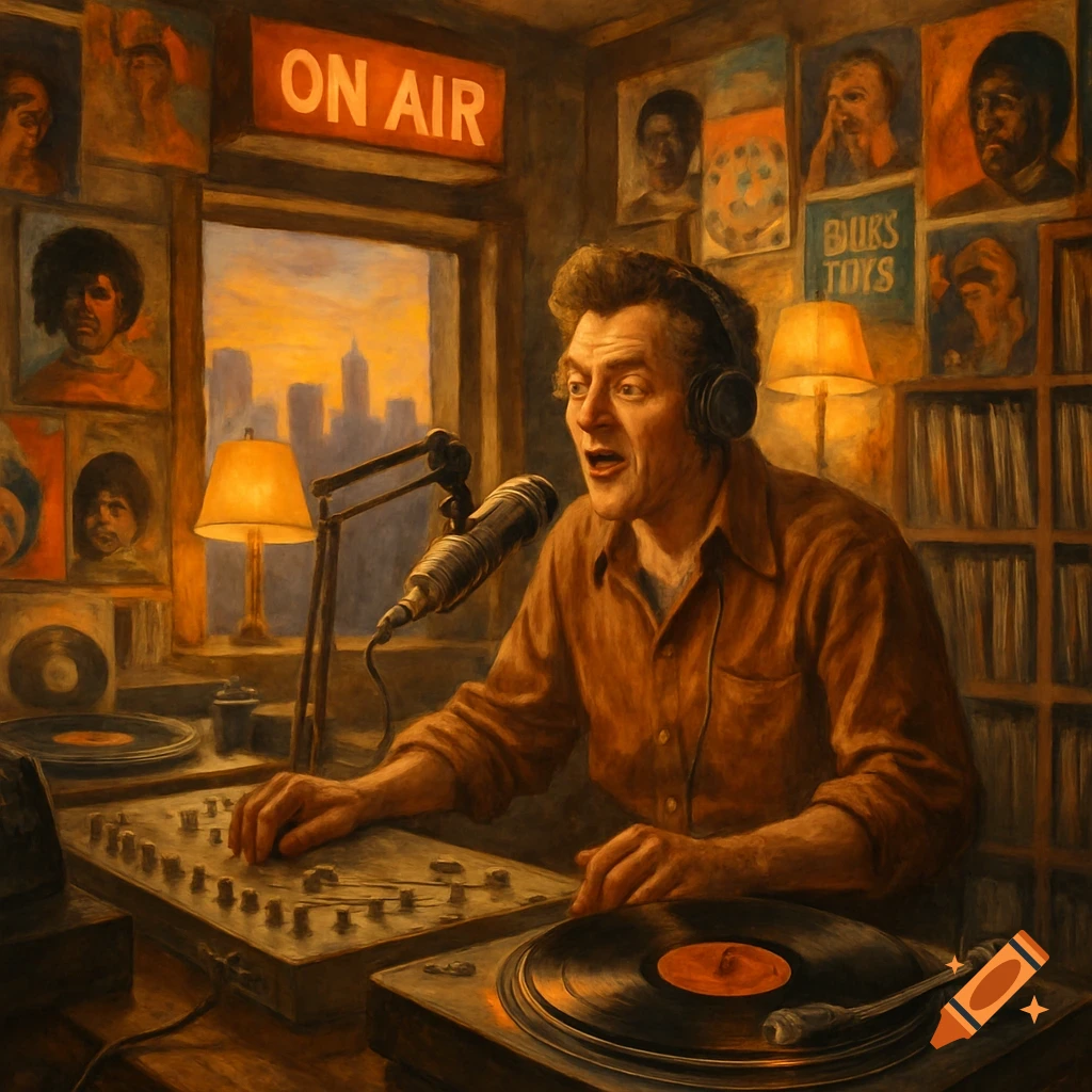 A man with headphones speaks into a microphone at a radio desk with turntables and an "ON AIR" sign, depicted in a painterly style.