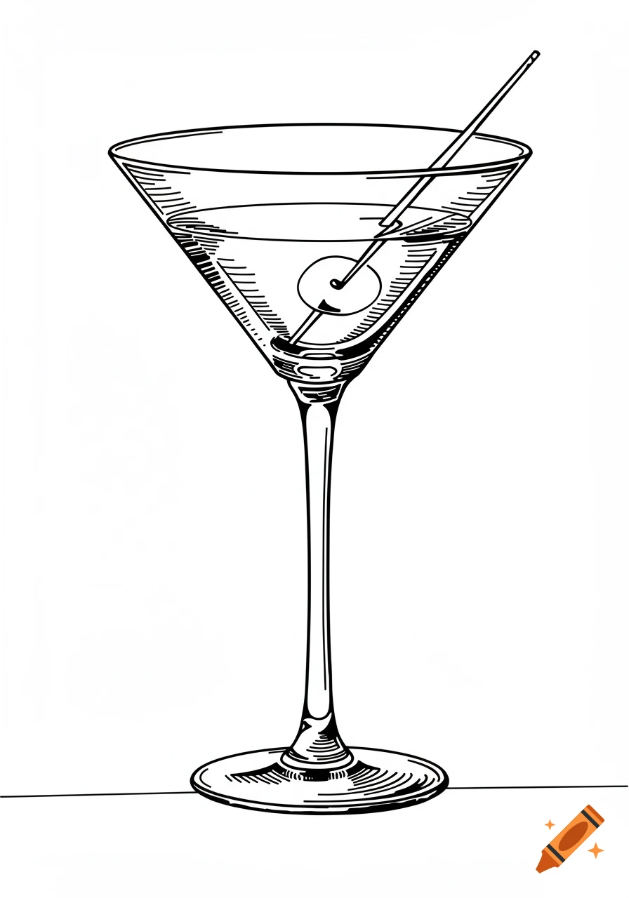 Black and white line drawing of a martini glass with an olive on a skewer.