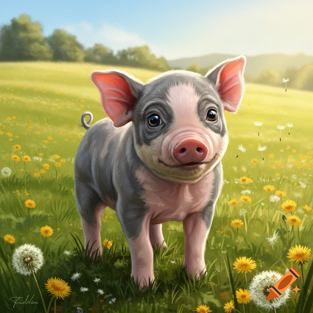 Cute baby piglet with grey and pink fur smiling in a sunny green field with yellow flowers and dandelions.