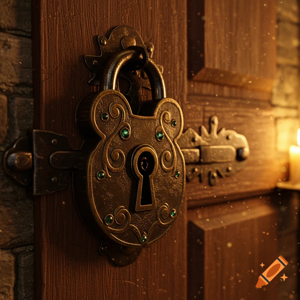 An ornate, antique brass lock adorned with green gems and scrollwork, attached to a rustic wooden door, bathed in warm, soft light with floating dust particles.