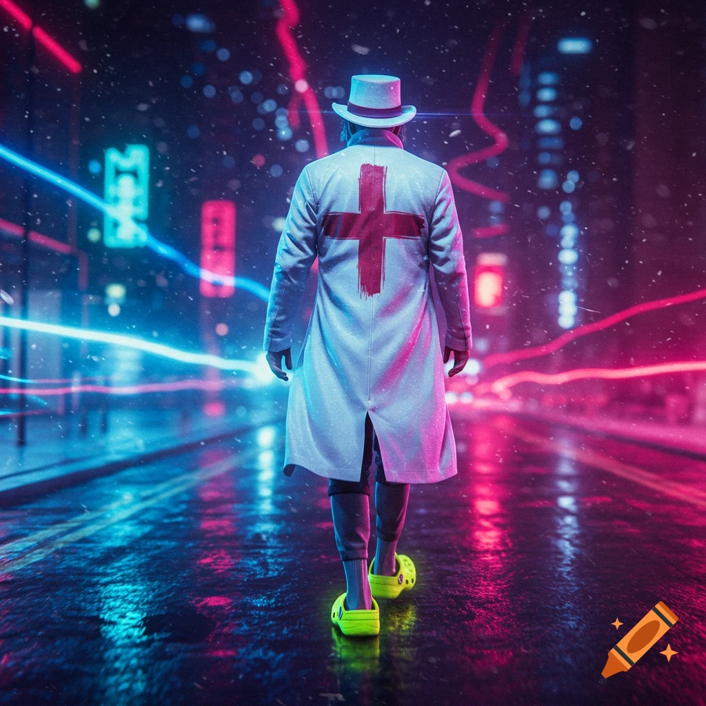 Person in a white coat with a red cross, white hat, and neon yellow Crocs walks on a wet city street at night amidst glowing neon lights.