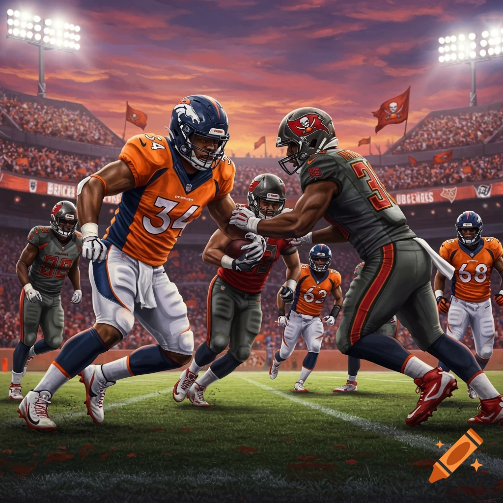 Two football players, one in an orange Broncos jersey and one in a grey Buccaneers jersey, in a tackle during a game on a stadium field at sunset.