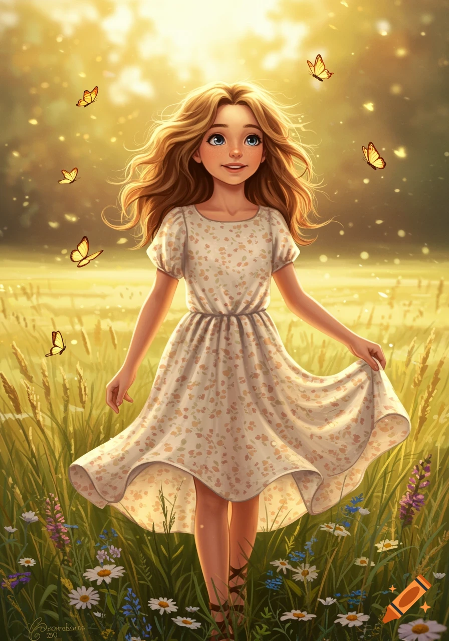 An illustration of a young girl with long blonde hair in a floral dress standing in a sunny field with butterflies.