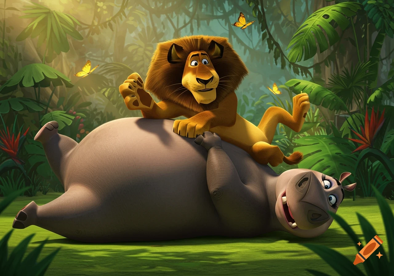 Alex the lion lies on Gloria the hippo's belly in a vibrant animated jungle scene with butterflies.