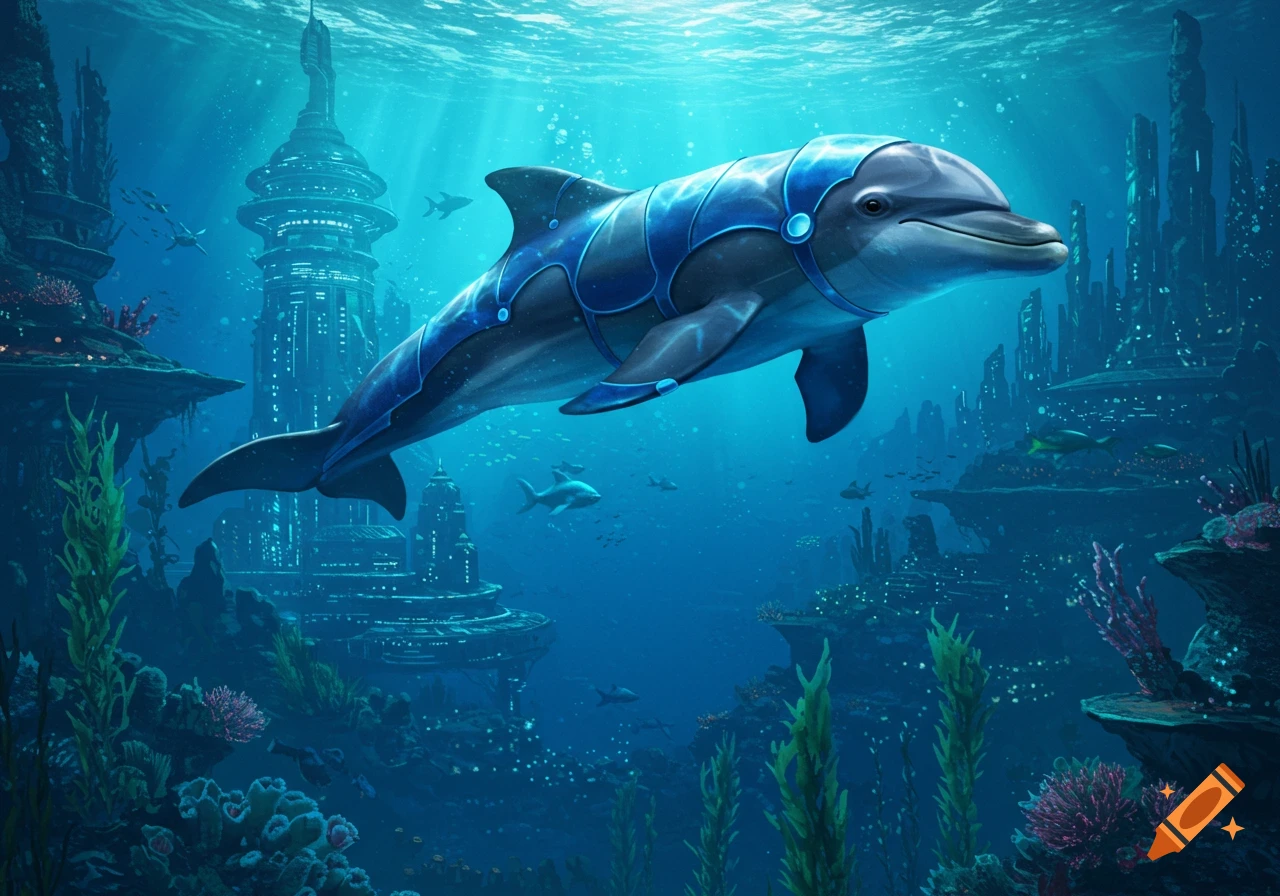 An armored dolphin swims through a vibrant underwater city, bathed in light from the surface.