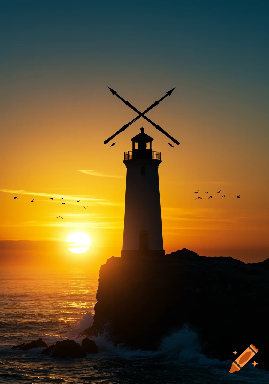 Silhouette of a lighthouse on a cliff with crossed harpoons, against a vibrant sunset over the ocean.