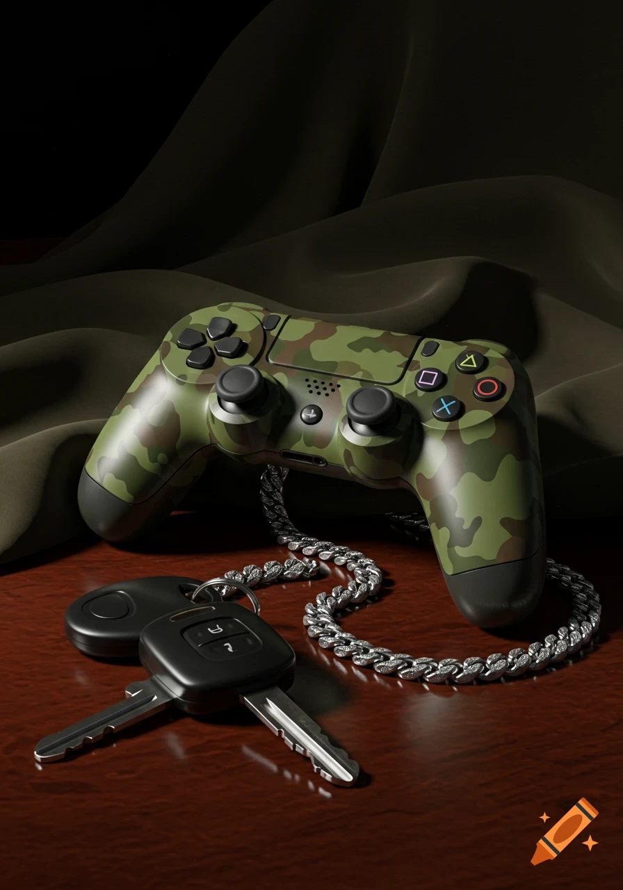 Photorealistic still life of a camouflage PlayStation controller, a silver chain, and car keys on a dark wooden surface.