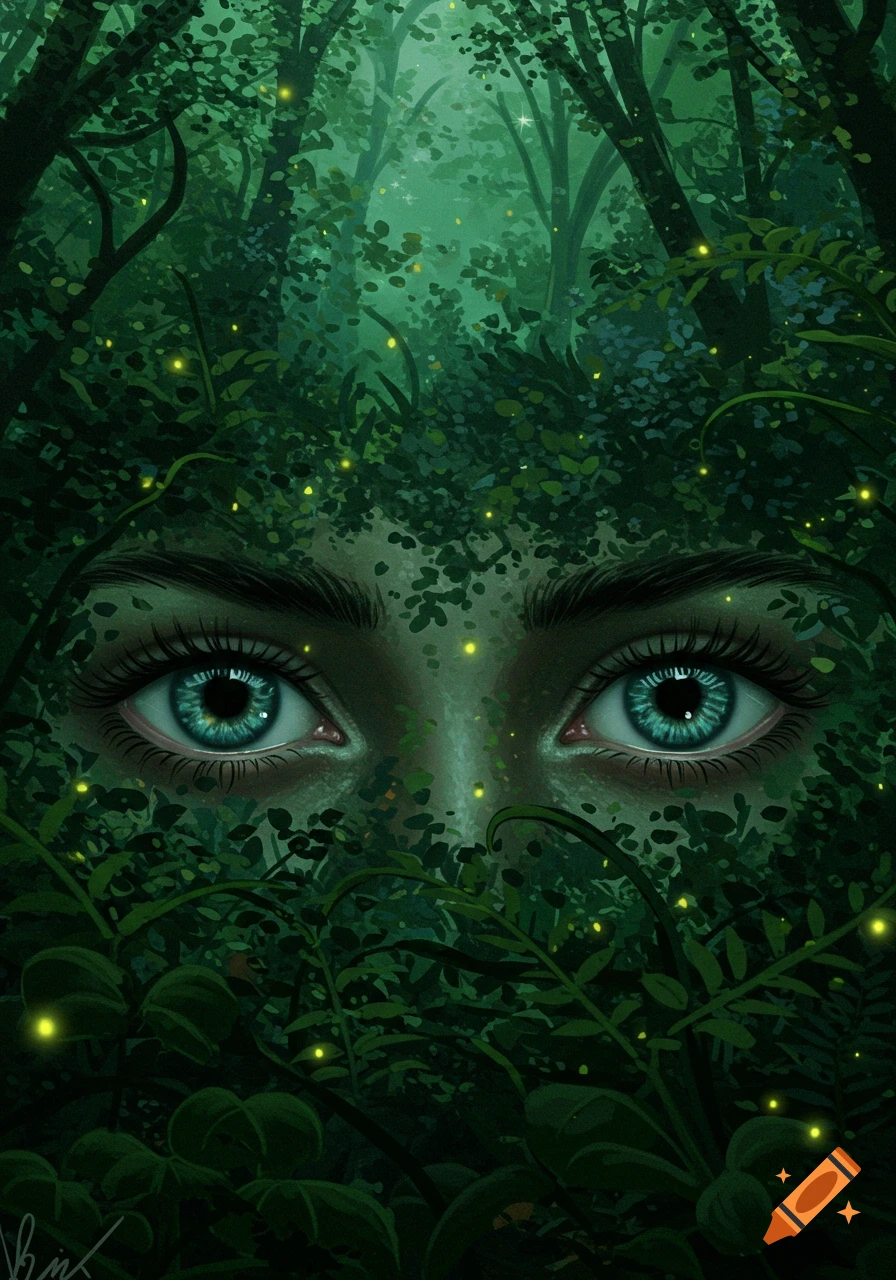 Close-up illustration of striking blue eyes peering through dense, dark green foliage illuminated by glowing fireflies.