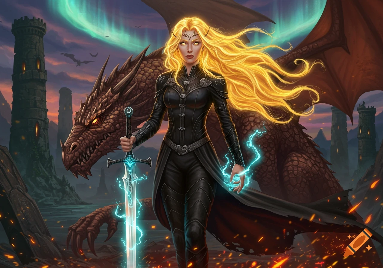 A golden-haired woman in black holds a glowing sword, standing with a large brown dragon in a fantasy landscape with towers and an aurora.