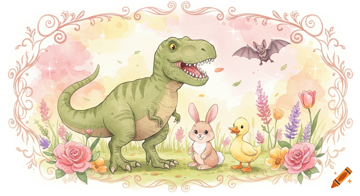 Whimsical watercolor illustration of a friendly T-Rex, bunny, and duckling surrounded by flowers, with a bat flying above. All set within a decorative floral border.