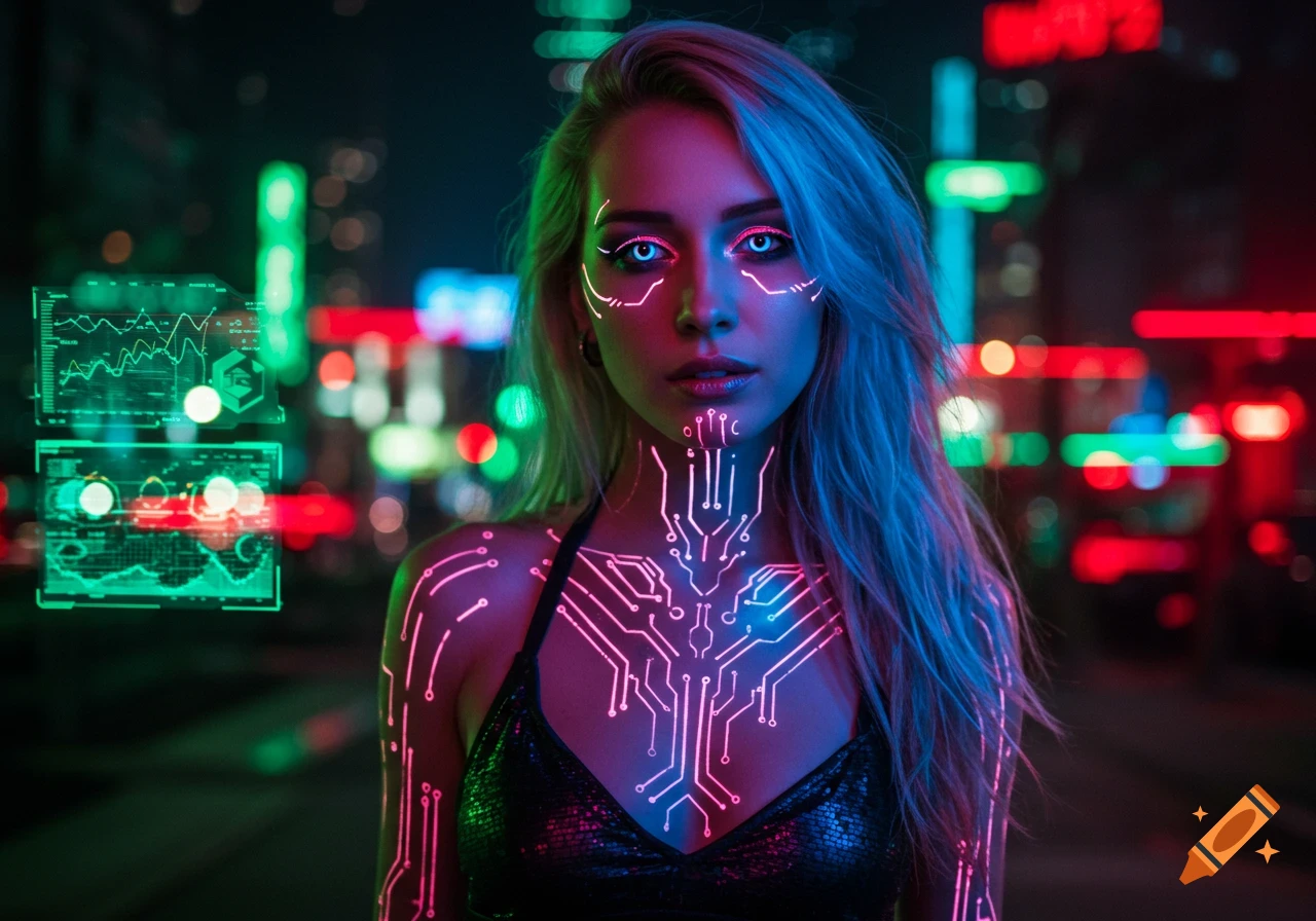 A futuristic woman with glowing eyes and neon pink circuit board patterns on her skin, set against a blurred cyberpunk city background.
