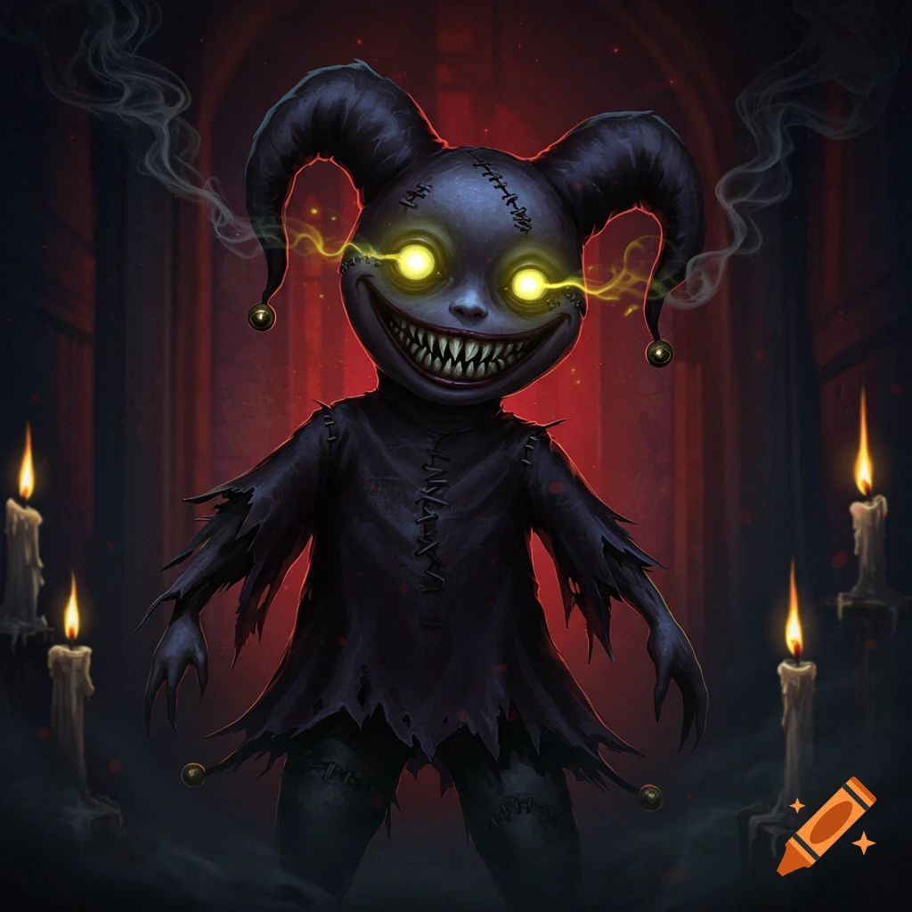A creepy jester doll with glowing yellow eyes and sharp teeth stands in a dark room illuminated by candles.
