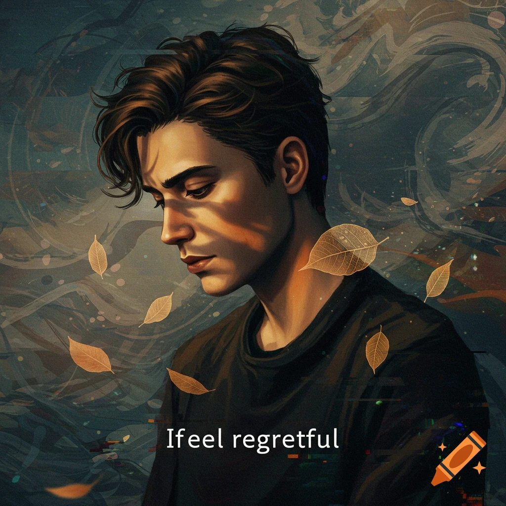 Digital art portrait of a young man with dark hair, looking down in a pensive or regretful pose, with golden skeleton leaves floating around him against a dark, painterly background. Text reads "I feel regretful."