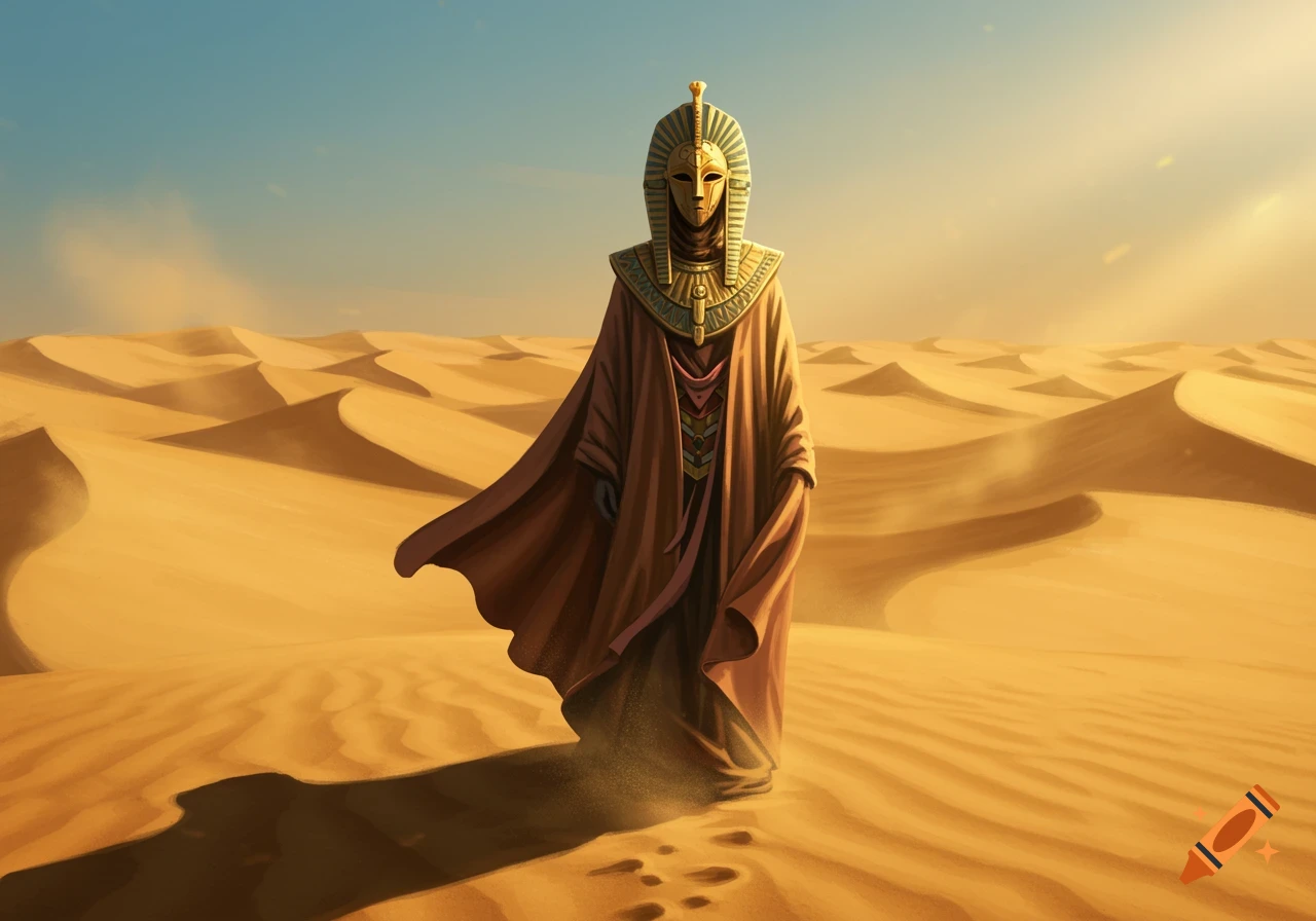 A robed figure with an ornate golden mask stands in a vast, sunlit desert landscape of rolling sand dunes.