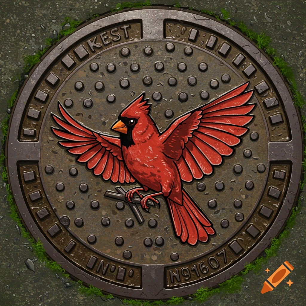 A vibrant red cardinal with outstretched wings is perched on a round, textured metal manhole cover, surrounded by moss.