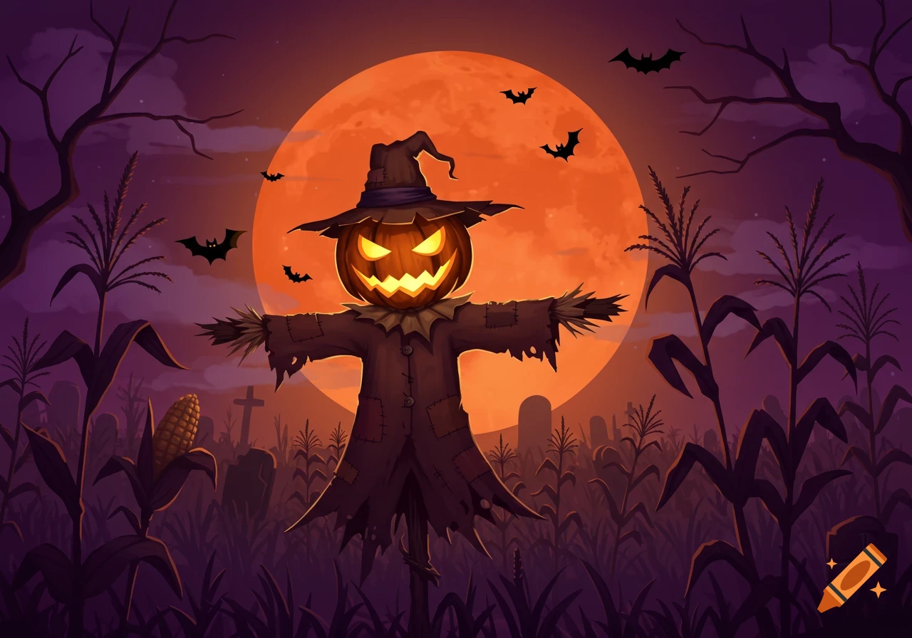 An illustrative scarecrow with a glowing jack-o'-lantern head stands in a cornfield under a large orange full moon with bats and gravestones.