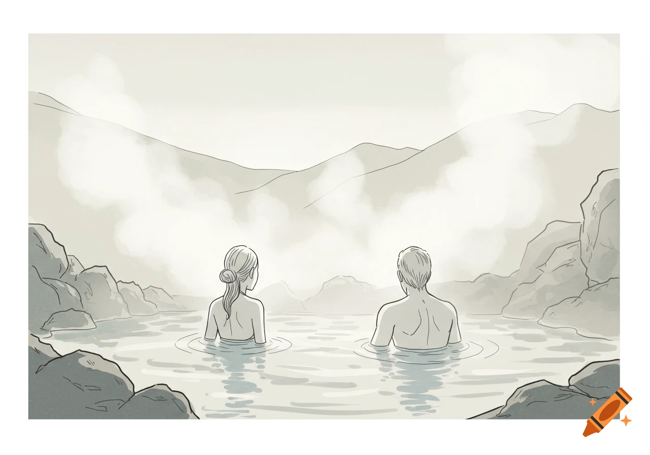 Line drawing of a man and a woman seen from behind, sitting in a misty outdoor hot spring with mountains.