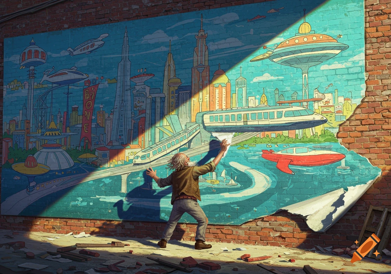 An old man tears a large, colorful 1950s-style futuristic city mural off a brick wall, revealing the wall underneath.