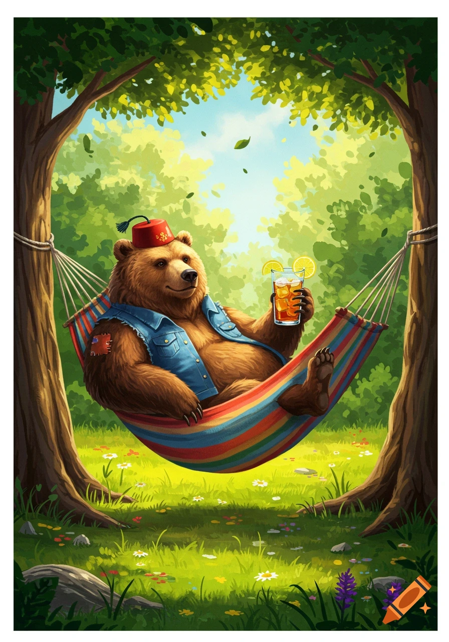 A colorful illustration of a brown bear wearing a denim vest and a red fez, lounging in a striped hammock between two trees in a sunny forest, holding a drink.