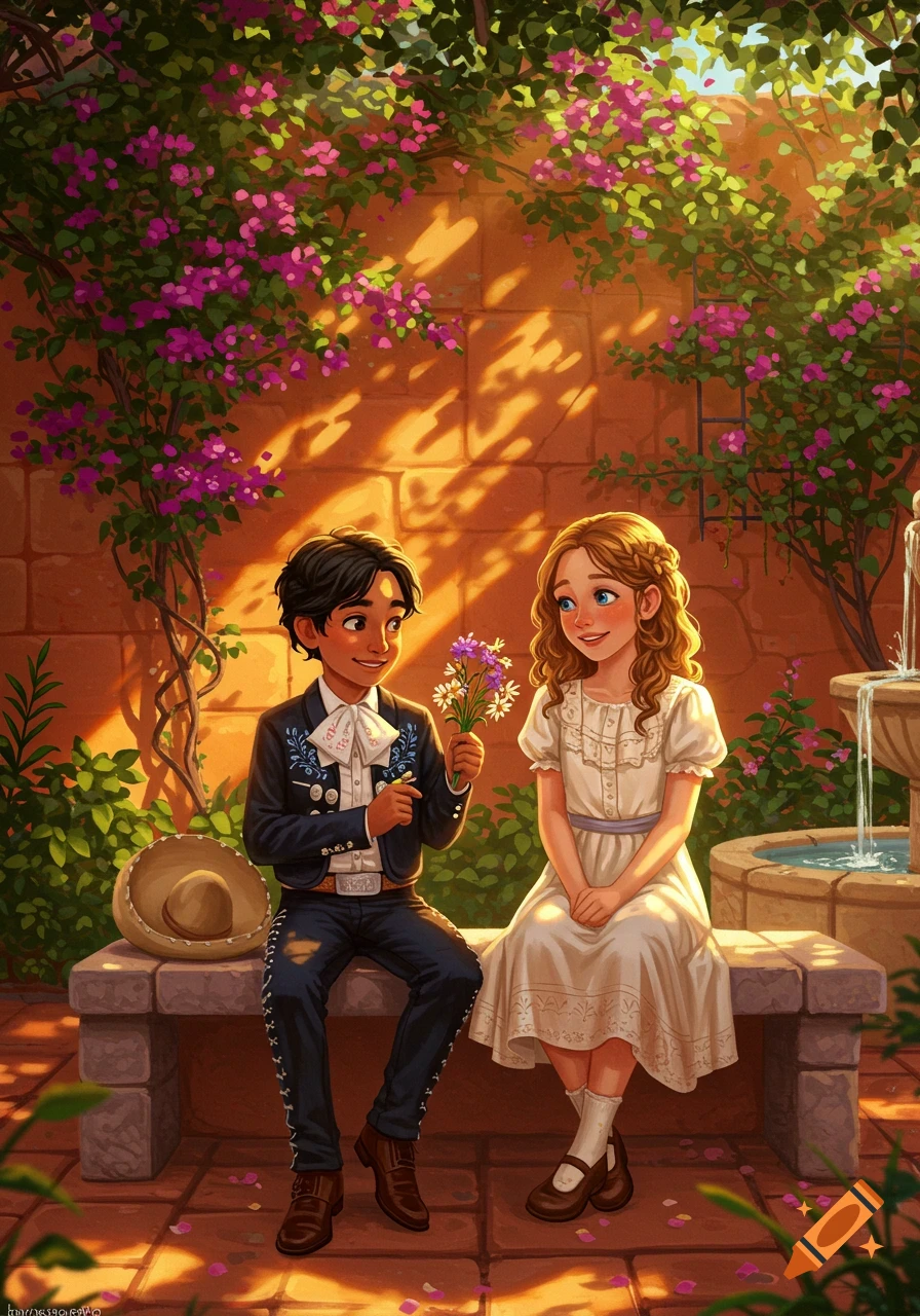 A boy in a mariachi suit gives flowers to a girl in a white dress in a sunny garden with a stone wall and fountain.