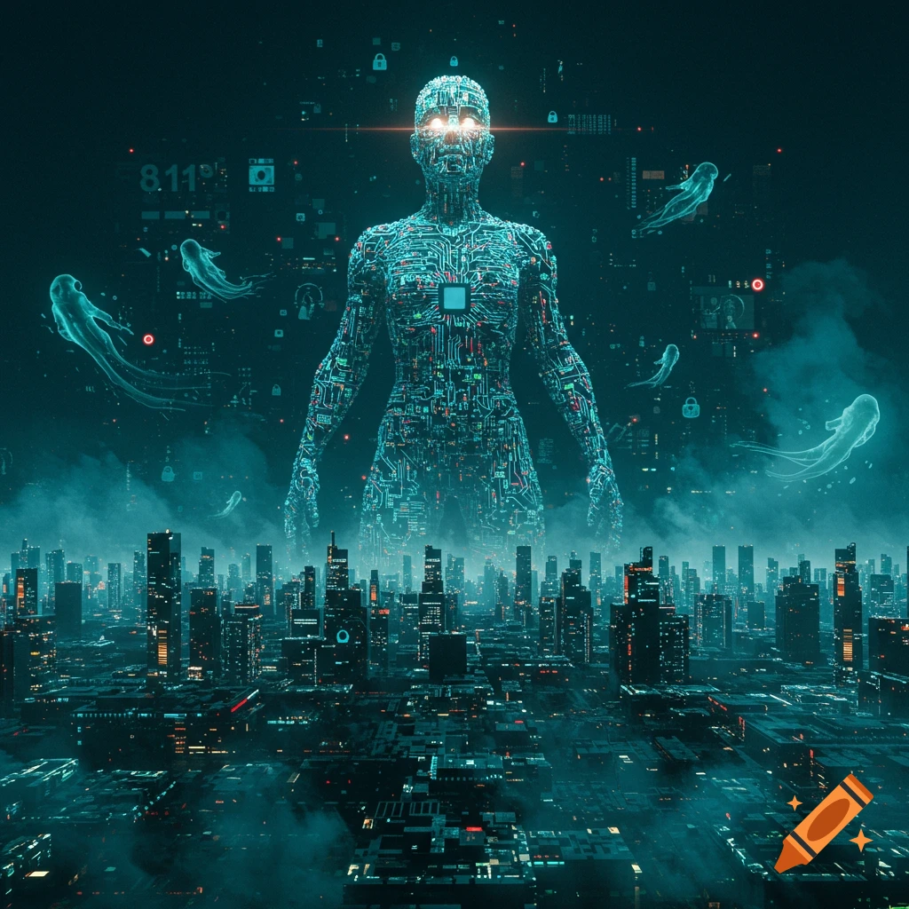 A glowing, circuit-board-like humanoid figure with glowing eyes towers over a futuristic city at night, surrounded by digital data and ghost-like entities.