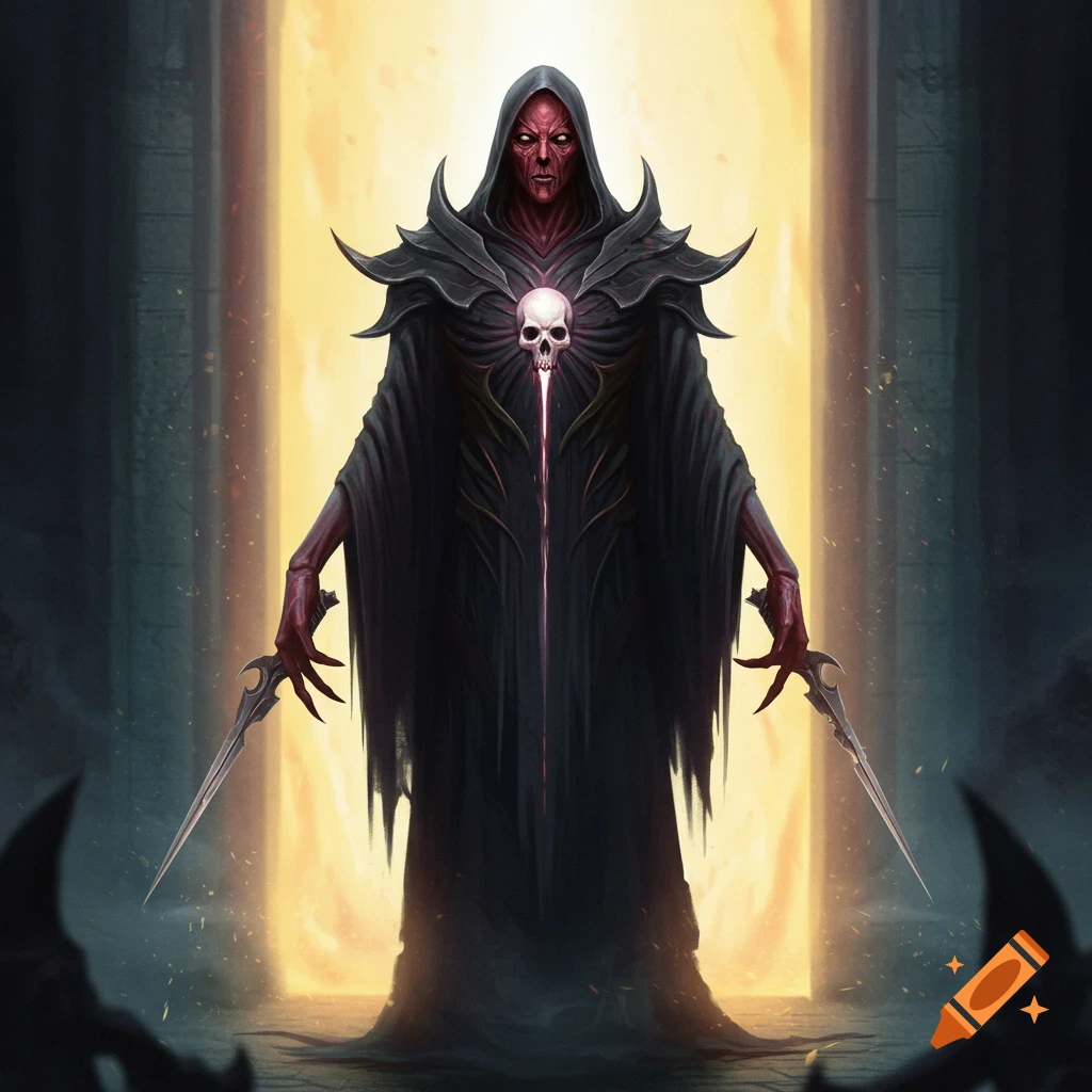 A menacing, red-faced robed figure with boney hands holding daggers, standing in a glowing portal, dark fantasy art style.