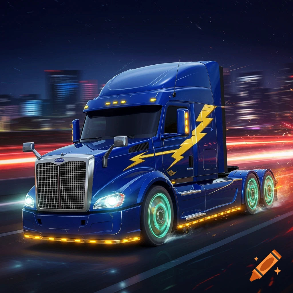A stylized blue semi-truck with yellow lightning bolts speeds down a highway at night, its wheels glowing neon green.