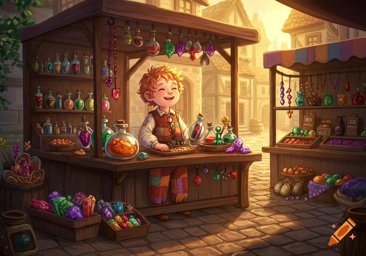 A happy child smiles while holding a potion bottle at a fantasy market stall filled with colorful potions and sparkling gems, an illustration.