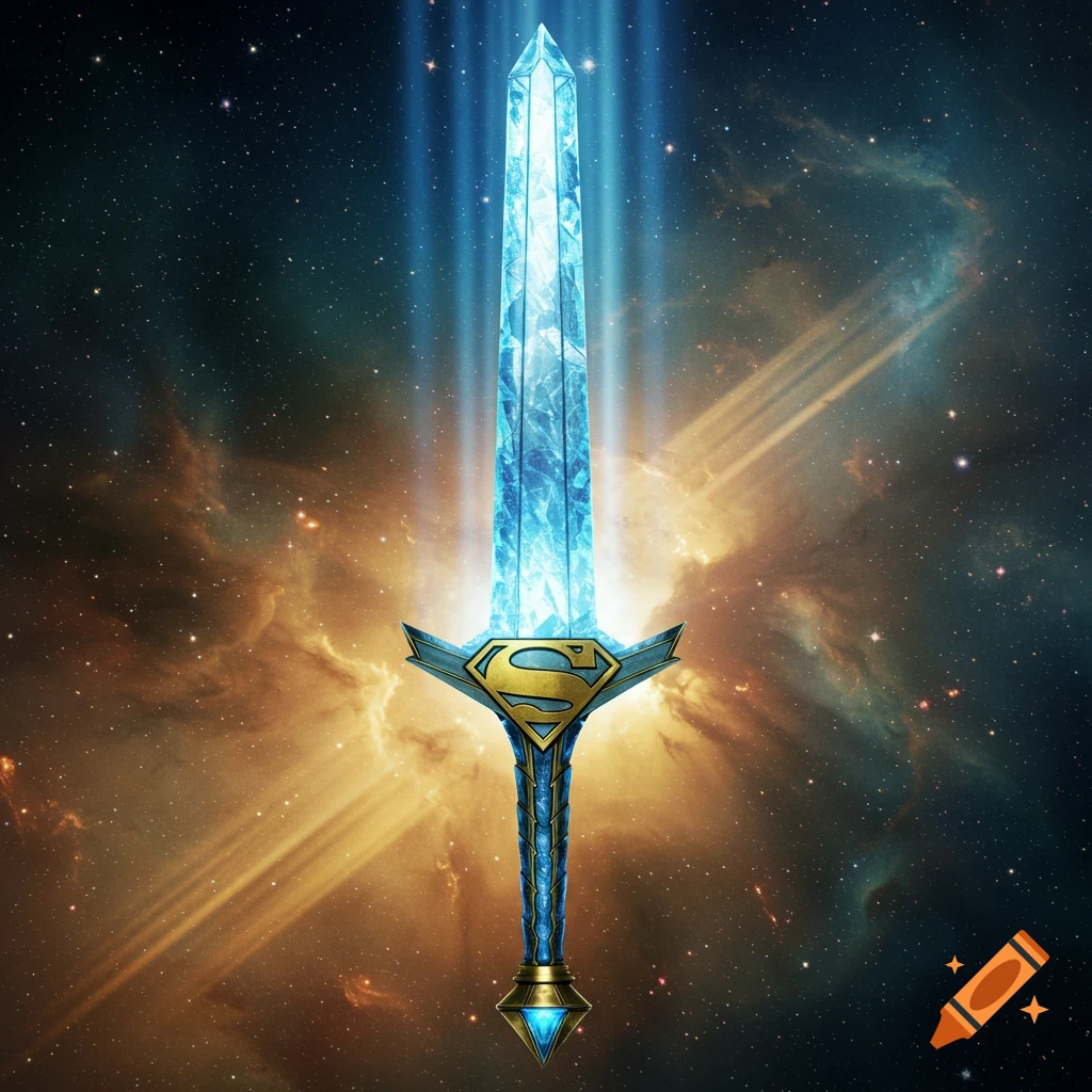 A glowing blue crystal sword with a Superman symbol on its hilt floats in a starry cosmic background with nebulae.