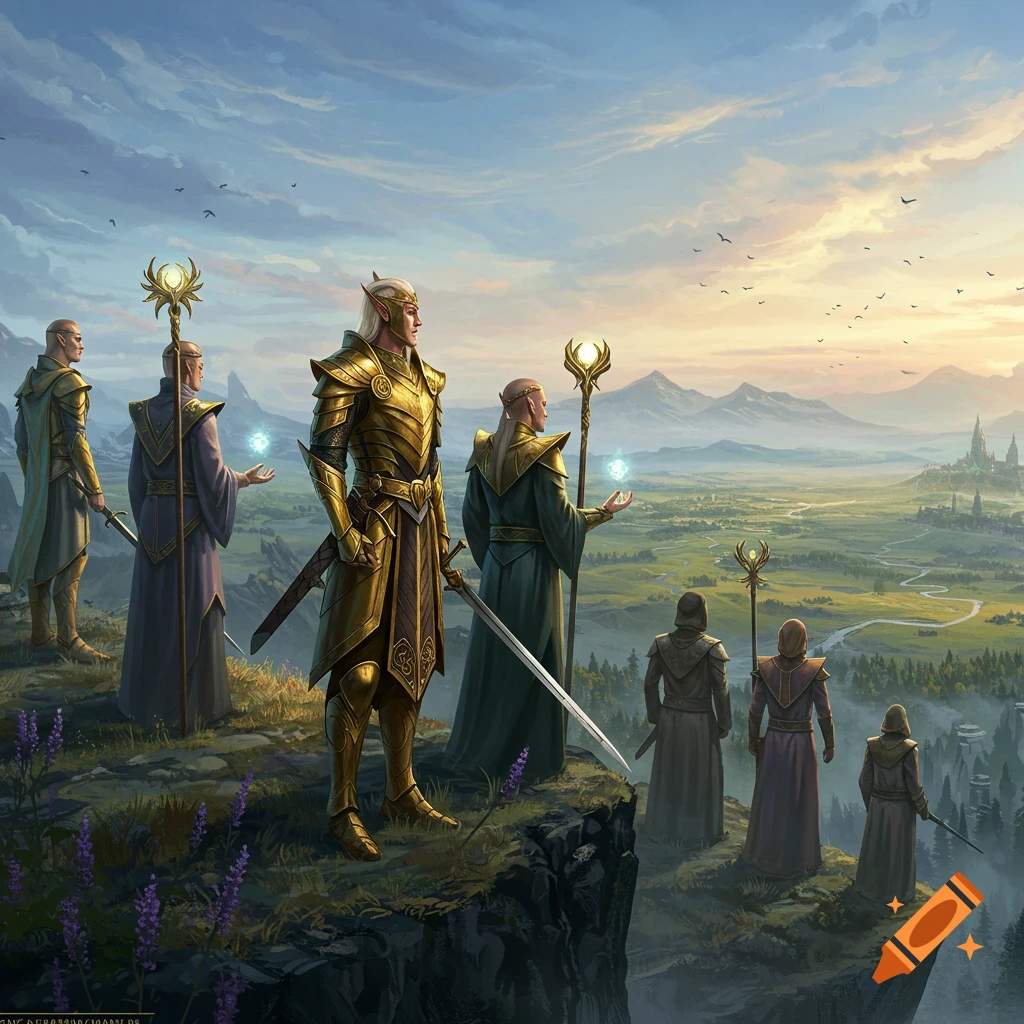 Fantasy characters in golden armor and robes stand on a cliff overlooking a vast valley and distant city at sunrise.