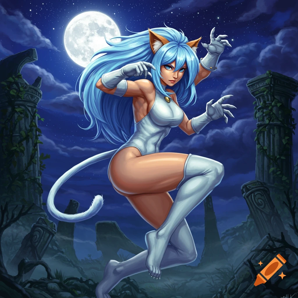 Felicia, a blue-haired cat-girl in a white leotard, poses dynamically at night under a full moon amidst ancient ruins, in a comic book art style.