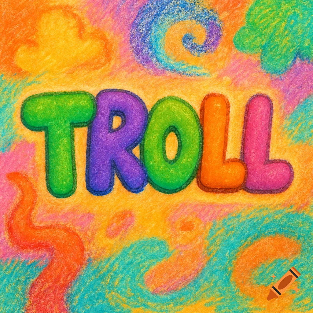 Colorful, bubbly 'TROLL' text on a vibrant, textured pastel background.