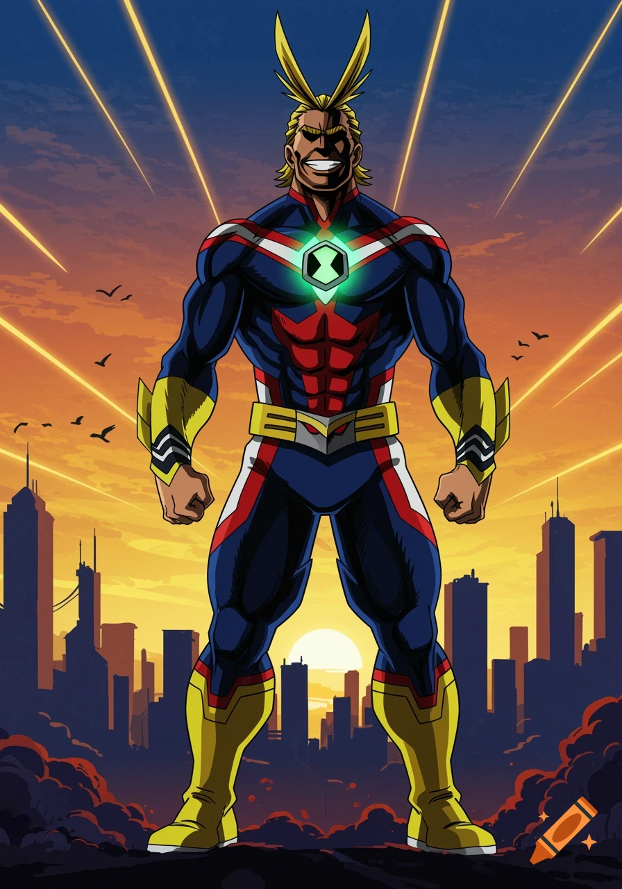 A muscular All Might superhero stands tall with the glowing green Omnitrix symbol on his chest, against a city skyline at sunset.