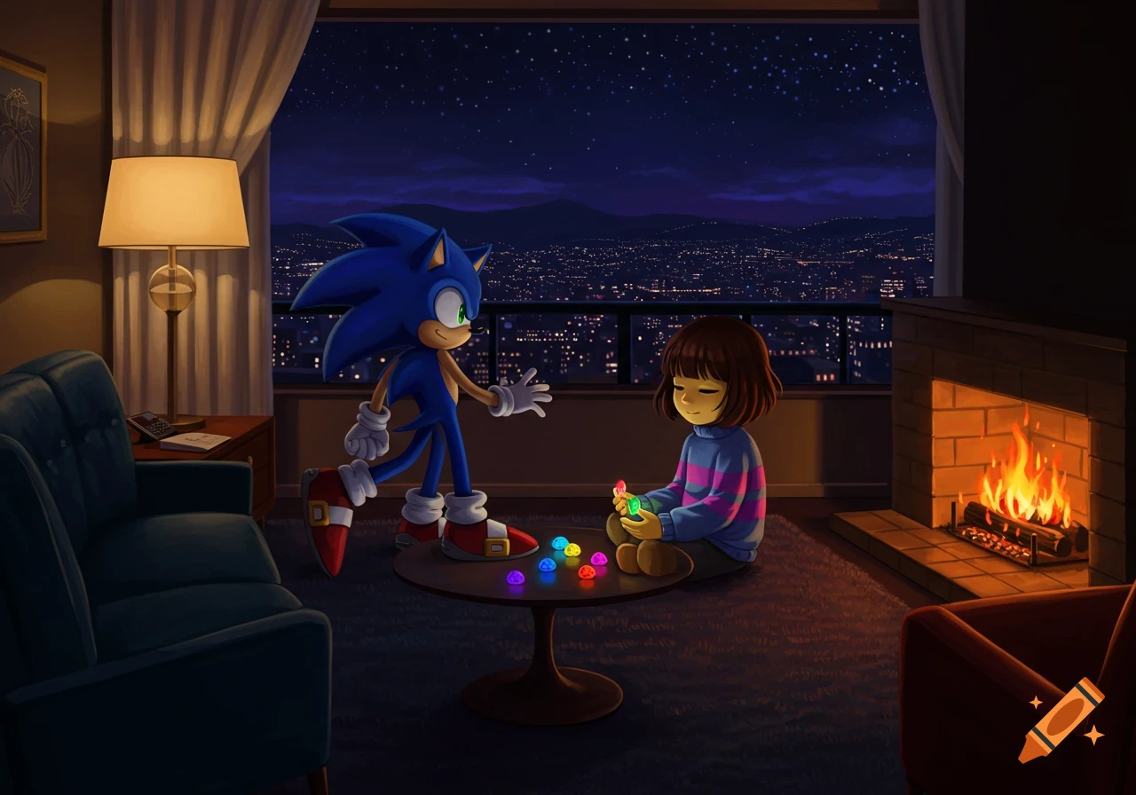 Sonic the Hedgehog stands in a dimly lit hotel room talking to Frisk from Undertale, who is seated on the floor examining glowing orbs next to a fireplace, with a city skyline at night visible outside a large window.