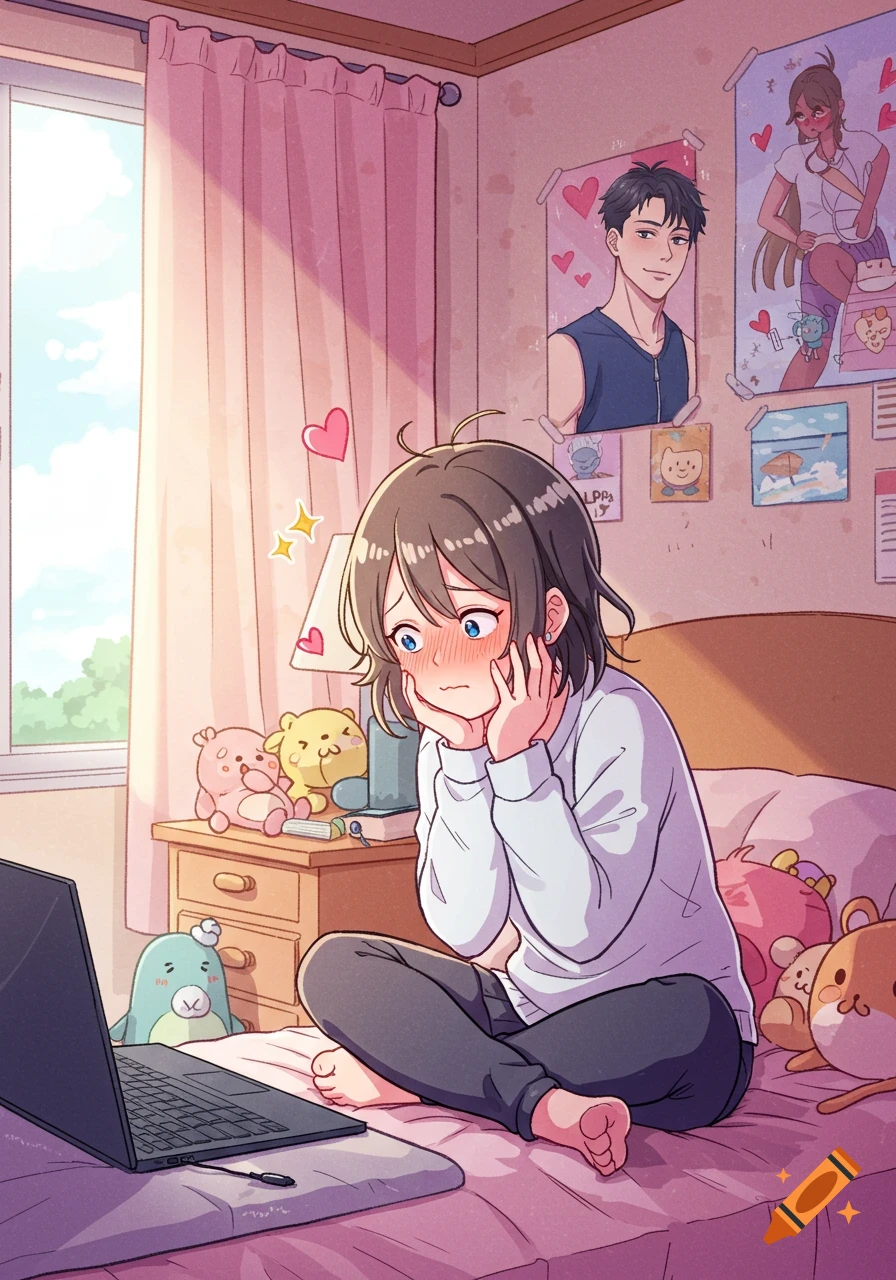 Anime-style illustration of a blushing girl sitting on a bed looking at a laptop in a pink bedroom with posters and plush toys.